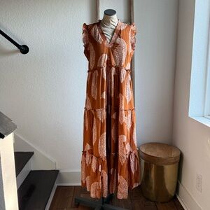 Wonderly Copper Paisley Boho Print Tiered Maxi Sz: Med